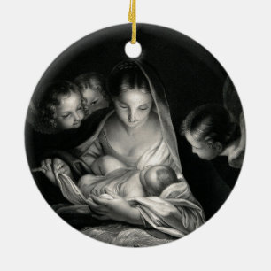 Nativity Baby Jesus Virgin Mary Angels Black White Ceramic Tree Decoration