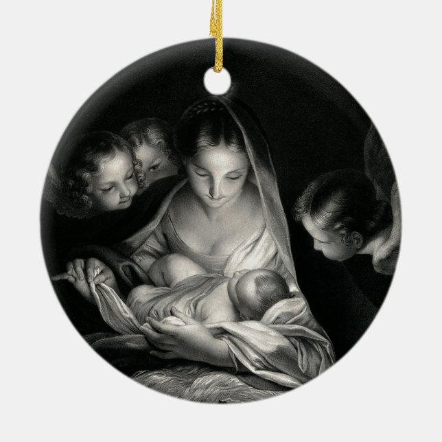 Nativity Baby Jesus Virgin Mary Angels Black White Ceramic Tree Decoration (Back)