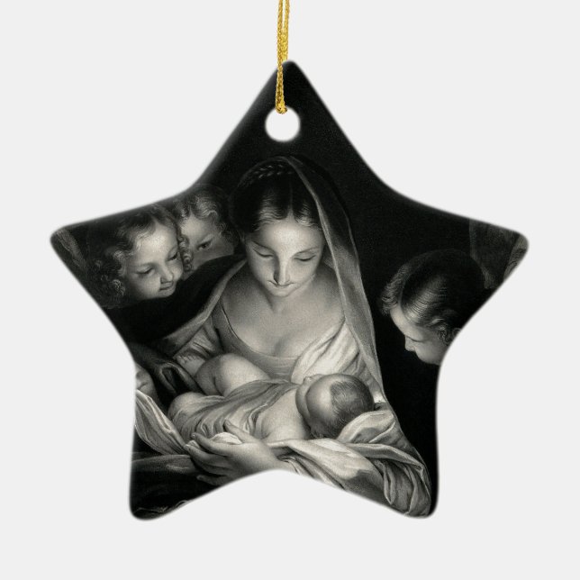 Nativity Baby Jesus Virgin Mary Angels Black White Ceramic Tree Decoration (Front)