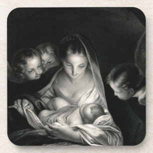 Nativity Baby Jesus Virgin Mary Angels Black White Coaster