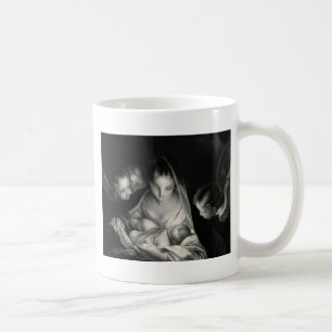 Nativity Baby Jesus Virgin Mary Angels Black White Coffee Mug