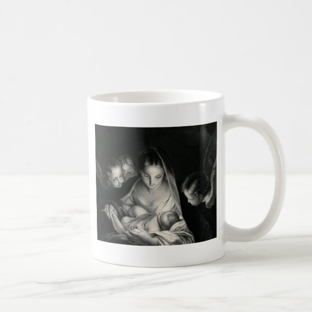 Nativity Baby Jesus Virgin Mary Angels Black White Coffee Mug (Right)