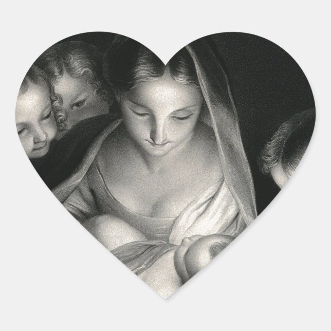 Nativity Baby Jesus Virgin Mary Angels Black White Heart Sticker (Front)