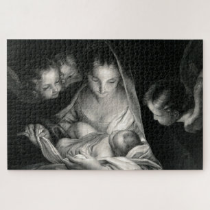 Nativity Baby Jesus Virgin Mary Angels Black White Jigsaw Puzzle