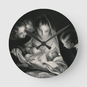 Nativity Baby Jesus Virgin Mary Angels Black White Round Clock