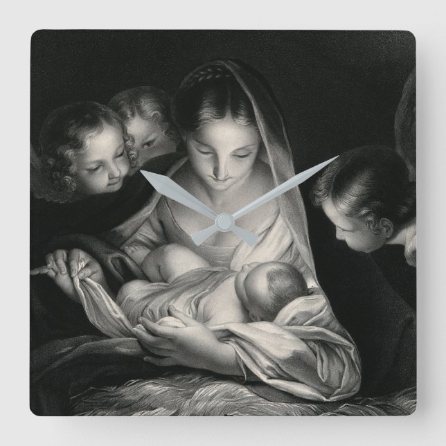 Nativity Baby Jesus Virgin Mary Angels Black White Square Wall Clock (Front)