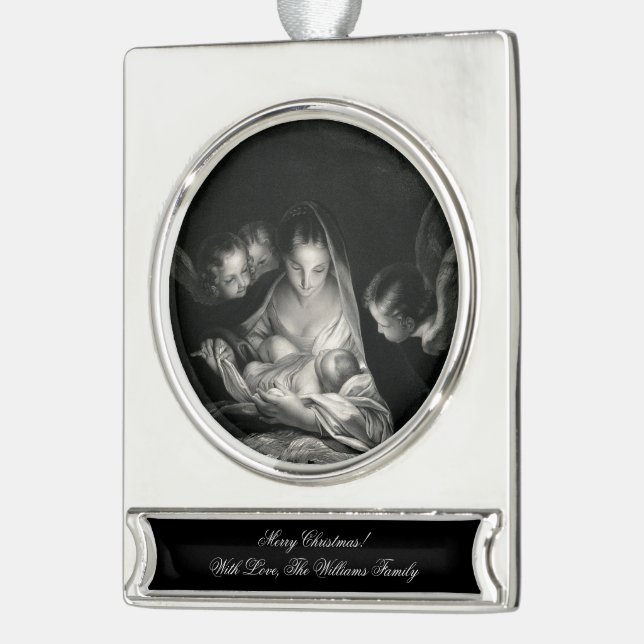 Nativity Baby Jesus Virgin Mary Angels Christmas Silver Plated Banner Ornament (Left)