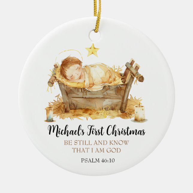 Nativity Bible Verse Baby's First Christmas Ceramic Tree Decoration (Front)