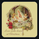 Nativity Blessed Mother Baby Jesus Rosary Roses Sq Square Sticker<br><div class="desc">Beautiful traditional Catholic religious Christmas image of Blessed Virgin Mary adoring the Baby Jesus in the Manger with the Rosary and Red Roses. Text and fonts can be modified.</div>
