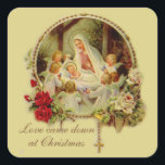 Nativity Blessed Mother Baby Jesus Rosary Roses Square Sticker<br><div class="desc">Beautiful image of Blessed Virgin Mary adoring the Baby Jesus in the Manger with the Rosary and Red Roses. Text and fonts can be modified.</div>
