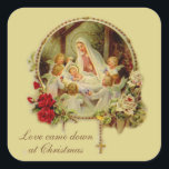 Nativity Blessed Mother Baby Jesus Rosary Roses Square Sticker<br><div class="desc">Beautiful image of Blessed Virgin Mary adoring the Baby Jesus in the Manger with the Rosary and Red Roses. Text and fonts can be modified.</div>