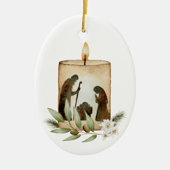 Nativity Candle Ceramic Oval Christmas Ornament (Front)