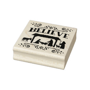 Nativity Christmas Believe with Flourishes Rubber Stamp