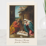 Nativity Christmas Jesus Virgin Mary St Joseph  Holiday Card<br><div class="desc">Featuring a lovely Christmas card features a beautiful personalised Christmas traditional Catholic religious vintage print of Virgin Mary,  St. Joseph and angels gazing upon the Christ Child as He lie in the manger.  All text and fonts may be modified.</div>