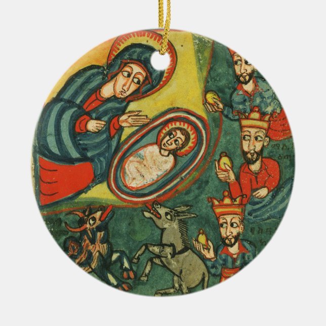 NATIVITY CHRISTMAS PARCHMENT ,ADORATION OF MAGI CERAMIC TREE DECORATION (Front)