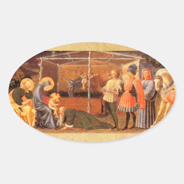 NATIVITY CHRISTMAS PARCHMENT/ ADORATION OF MAGI OVAL STICKER (Front)