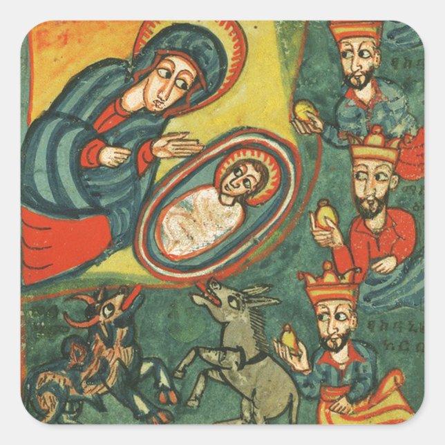 NATIVITY CHRISTMAS PARCHMENT ,ADORATION OF MAGI SQUARE STICKER (Front)