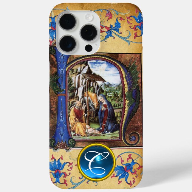 NATIVITY CHRISTMAS PARCHMENT BLUE GEM MONOGRAM Case-Mate iPhone CASE (Back)