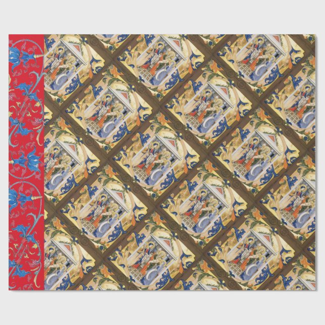 NATIVITY CHRISTMAS PARCHMENT WITH RED BLUE FLOWERS WRAPPING PAPER (Flat)