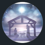 Nativity Christmas Scene Classic Round Sticker<br><div class="desc">Traditional Christian Christmas Nativity Scene of baby Jesus in the manger with Mary and Joseph in silhouette</div>