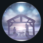 Nativity Christmas Scene Classic Round Sticker<br><div class="desc">Traditional Christian Christmas Nativity Scene of baby Jesus in the manger with Mary and Joseph in silhouette</div>