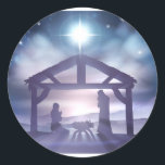 Nativity Christmas Scene Classic Round Sticker<br><div class="desc">Traditional Christian Christmas Nativity Scene of baby Jesus in the manger with Mary and Joseph in silhouette</div>