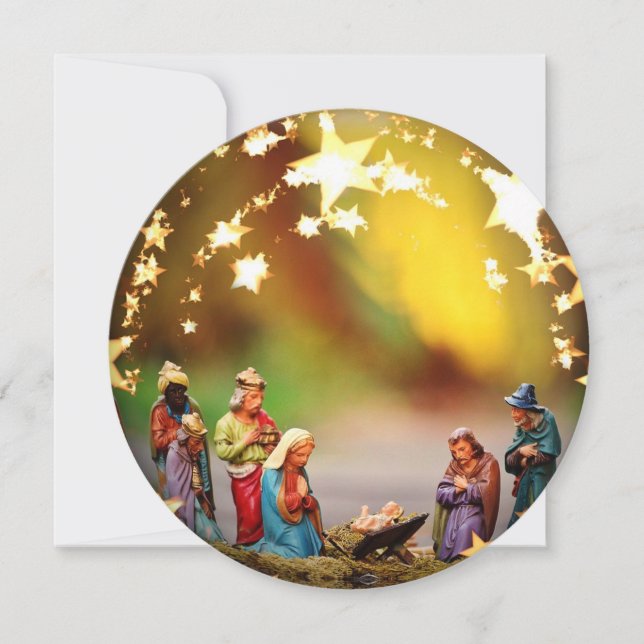 Nativity Crib Virgin Mary Jesus Christmas Stars Ho Holiday Card (Front)