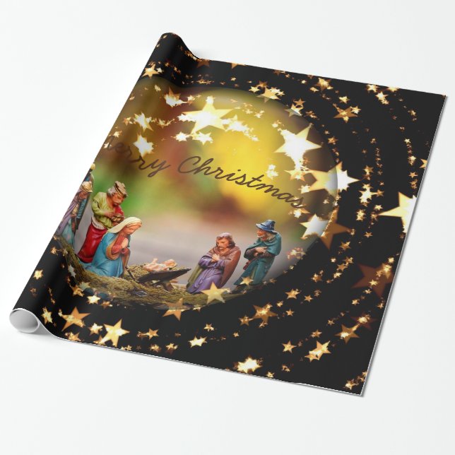 Nativity Crib Virgin Mary Jesus Christmas Stars Wrapping Paper (Unrolled)
