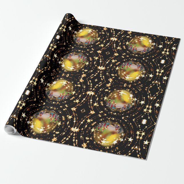 Nativity Crib Virgin Mary Jesus Christmas Stars Wrapping Paper (Unrolled)