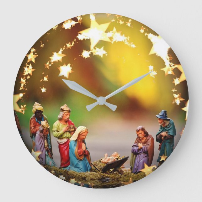 Nativity Crib Virgin Mary Jesus Stars Christmas Large Clock (Front)