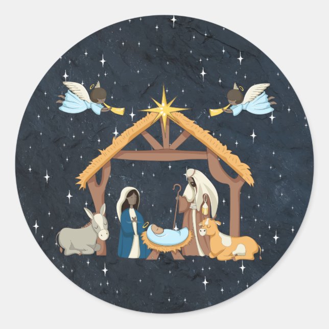 Nativity Dark Skin Tone Christmas Classic Round Sticker (Front)