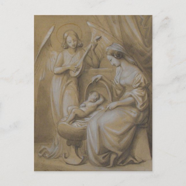 Nativity Drawing Virgin Mary Baby Jesus Angel Crib Holiday Postcard (Front)