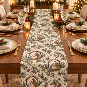 Nativity Embroidery Look Christmas Short Table Runner