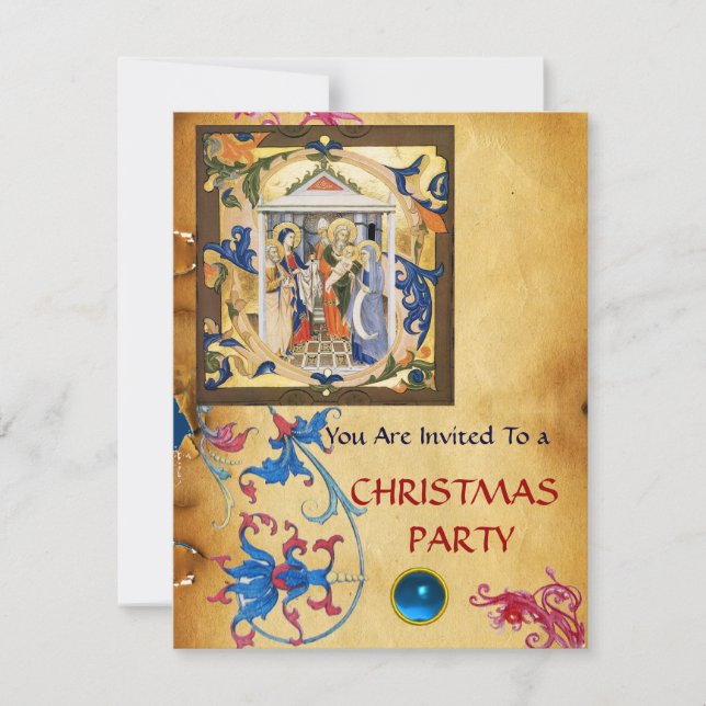 NATIVITY FLORAL CHRISTMAS PARCHMENT WITH BLUE GEM INVITATION (Front)