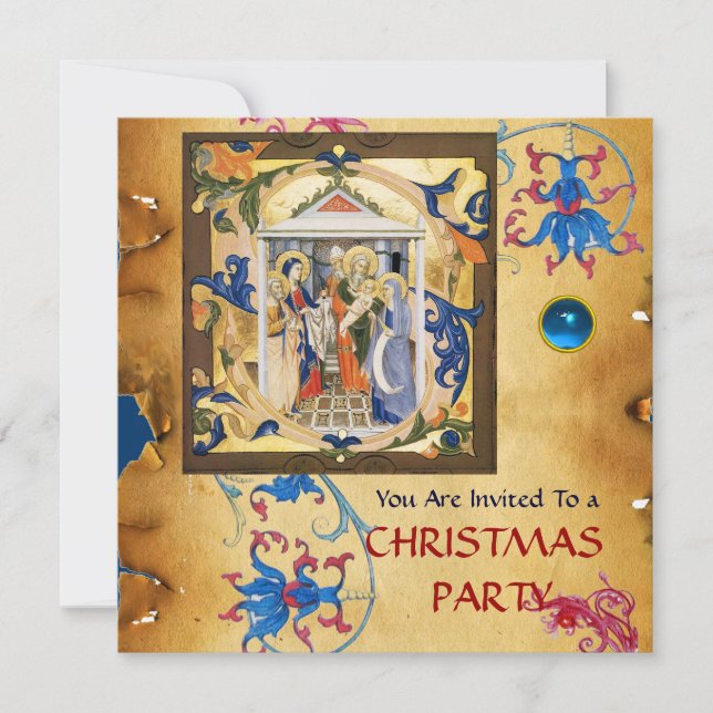 NATIVITY FLORAL CHRISTMAS PARCHMENT WITH BLUE GEM INVITATION (Front)