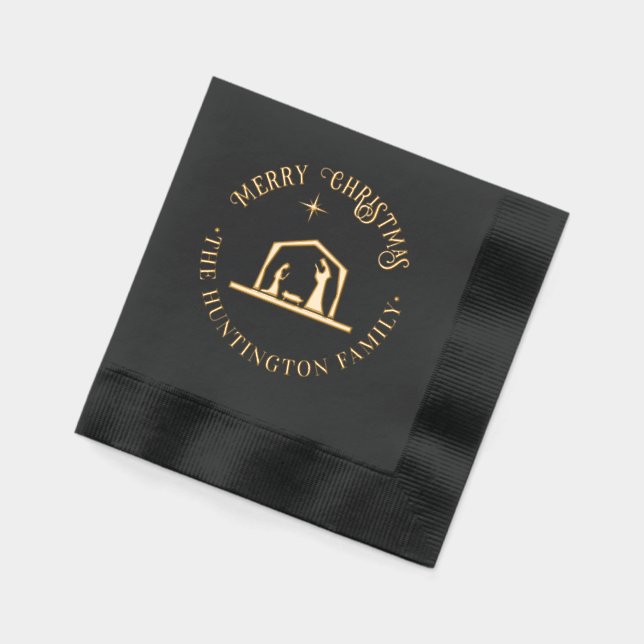 Nativity Jesus Manger Merry Christmas Family Name Foil Napkins (Left)