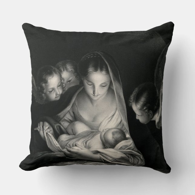 Nativity Jesus Virgin Mary Angels Black White Cushion (Front)