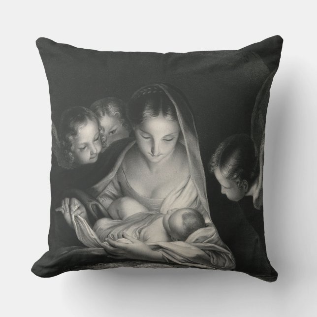 Nativity Jesus Virgin Mary Angels Black White Outdoor Cushion (Front)