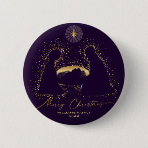 Nativity Manger Christmas Purple Gold Custom Name 6 Cm Round Badge