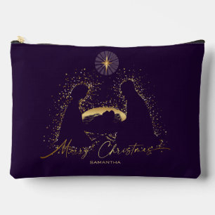 Nativity Manger Christmas Purple  Gold Custom Name Accessory Pouch