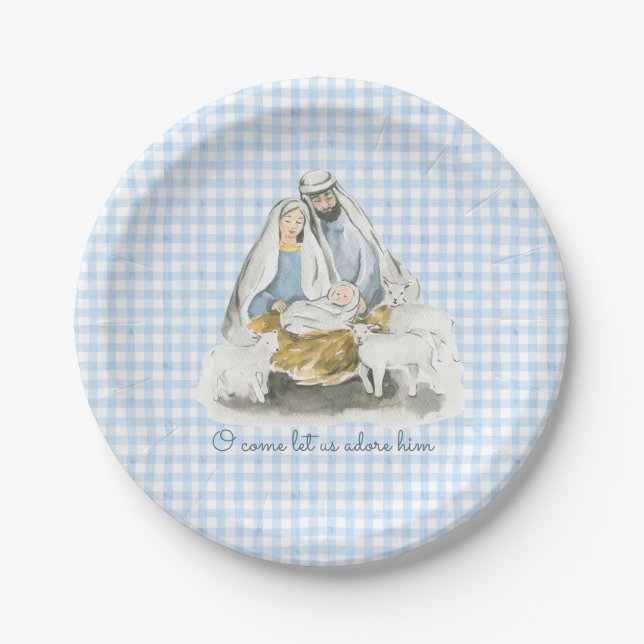 Nativity, Manger Scene, Gingham Blue Paper Plate (Front)