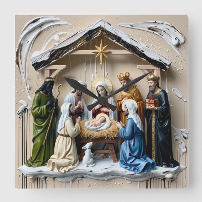 Nativity manger, tree wise men Bethlem Square Wall Clock (Front)