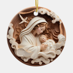 Nativity Mary and Baby Jesus 3d Wood Look White Ceramic Tree Decoration