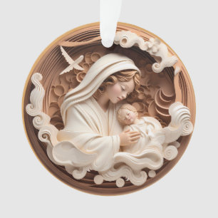 Nativity Mary and Baby Jesus 3d Wood Look White Ornament