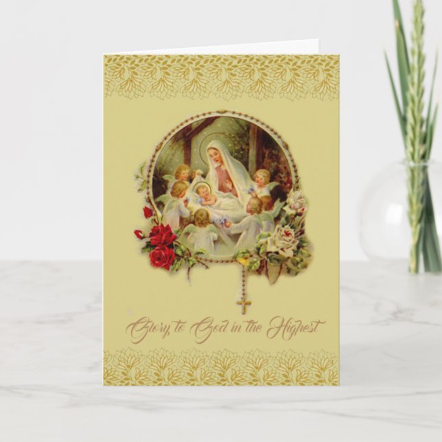 Nativity Mary Jesus Rosary Angels Red Roses Holiday Card (Front)