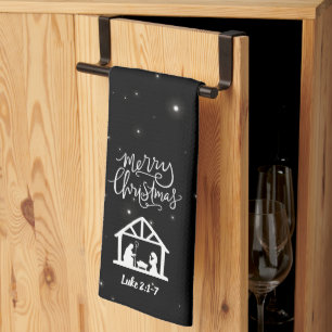 Nativity Merry Christmas Black Tea Towel