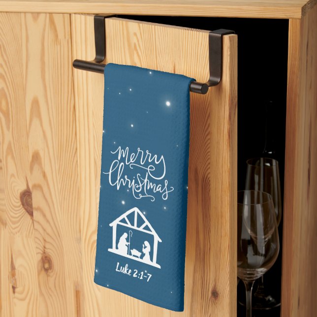Nativity Merry Christmas Blue Tea Towel (Thirds Fold)