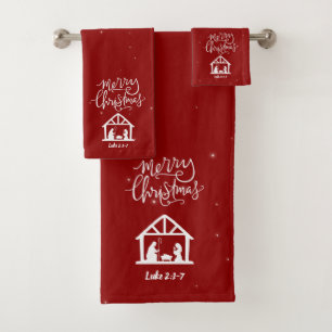 Nativity Merry Christmas Red Bath Towel Set