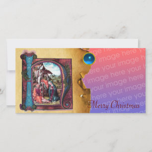 NATIVITY MONOGRAM CHRISTMAS PARCHMENT Blue Gem Holiday Card