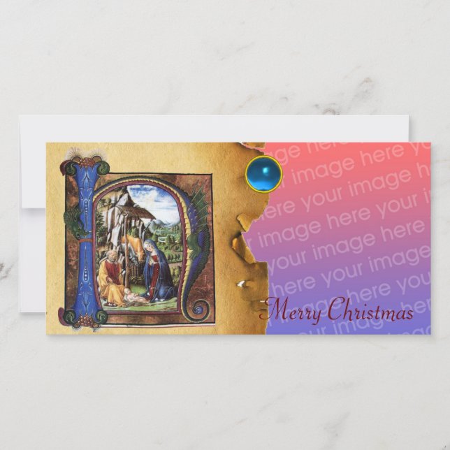 NATIVITY MONOGRAM CHRISTMAS PARCHMENT Blue Gem Holiday Card (Front)